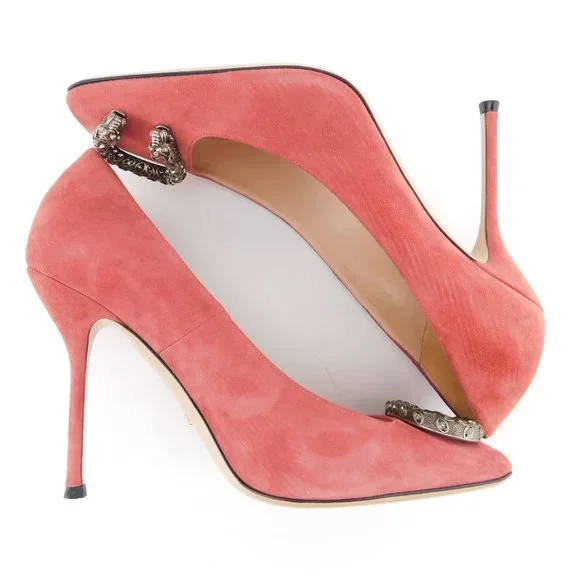 New GUCCI Crystal Tiger Snake Buckle Dusty Rose Pink Suede Leather Heel Pump 39